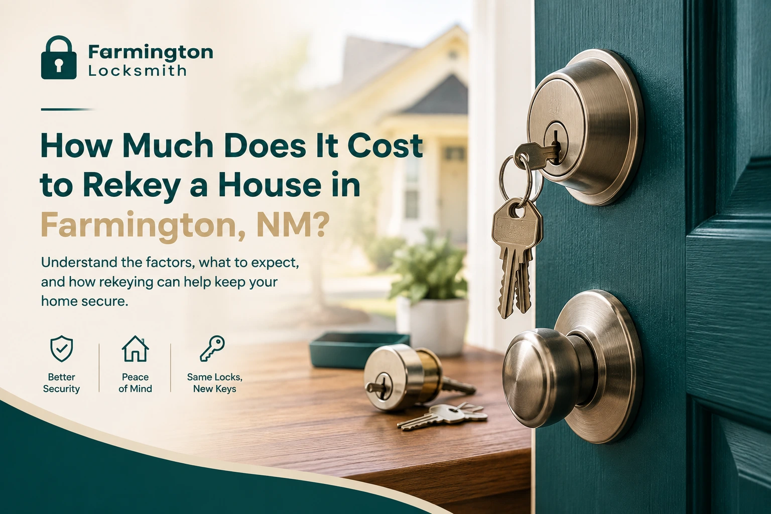 House keys in a deadbolt lock, illustrating the cost of rekeying a home in Farmington, NM