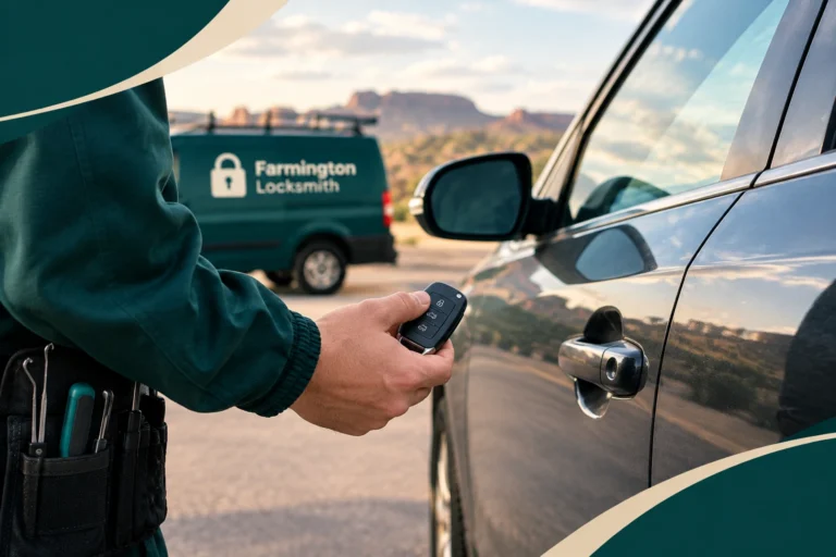 Locksmith holding a car key fob next to a vehicle door handle beside a Farmington Locksmith van