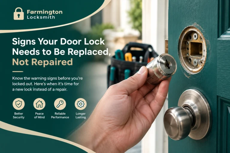 Hand removing a worn deadbolt cylinder from a door to check whether it needs repair or replacement